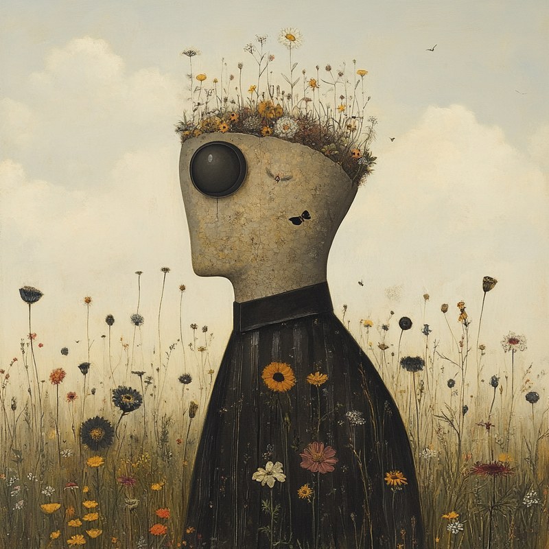 A figure in a dark coat stands in a wildflower meadow; its head is a pale form with one round dark eye, and a garden of wildflowers grows from its crown.
